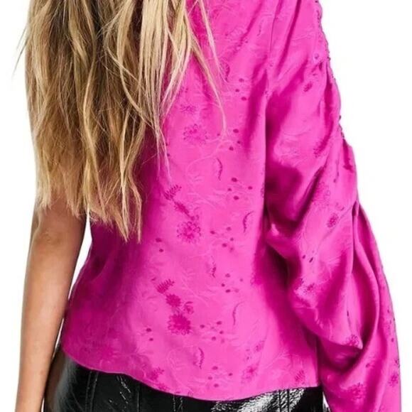 New TOPSHOP NORDSTROM Pink Flower Print Jacquard One Shoulder Top Size 8 - Picture 2 of 8